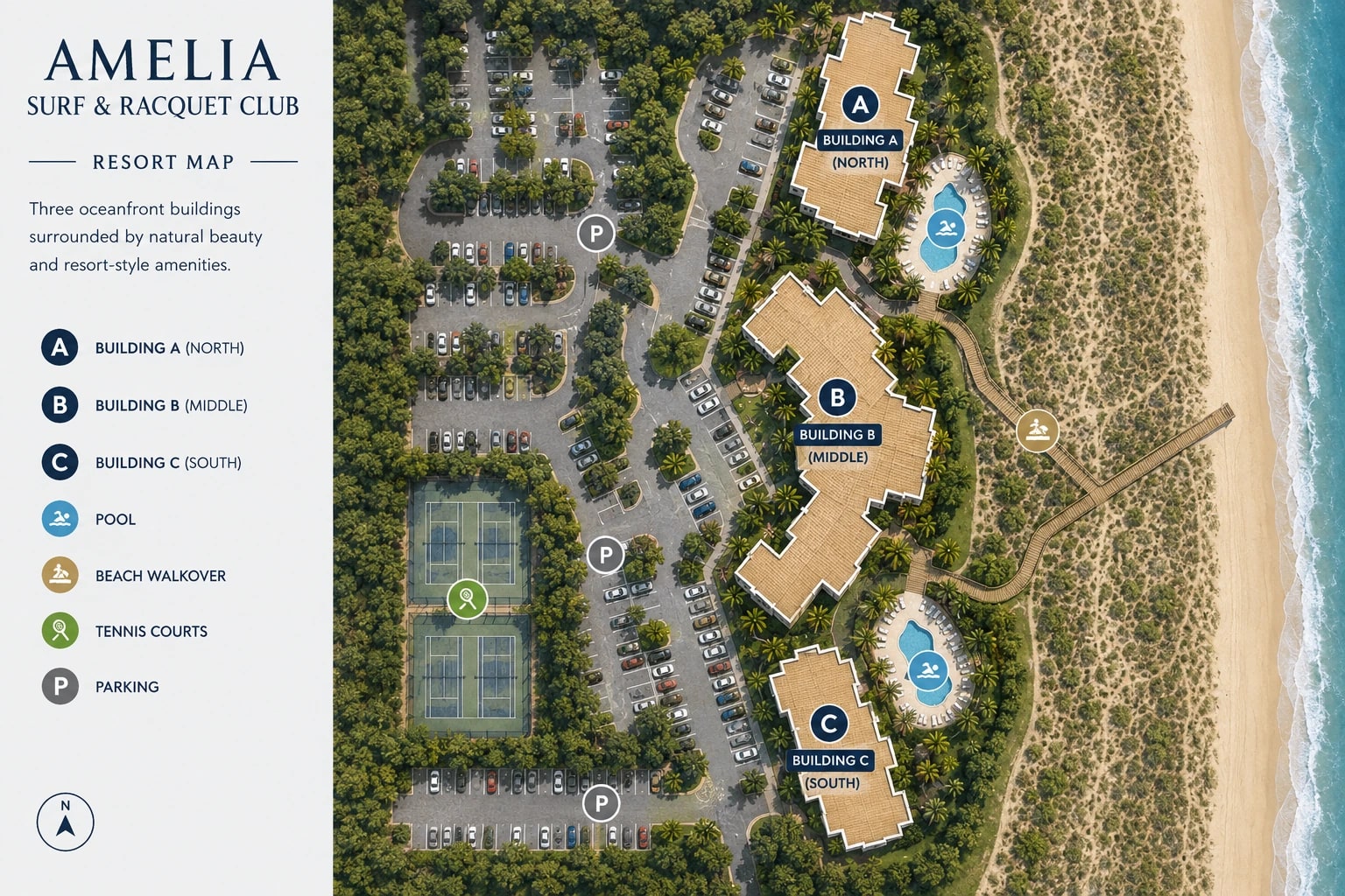 Resort map of Amelia Surf & Racquet Club: three oceanfront buildings — A (North), B (Middle) and C (South) — with pools, a beach walkover, tennis courts and parking, set between the parking areas and the Atlantic beach.